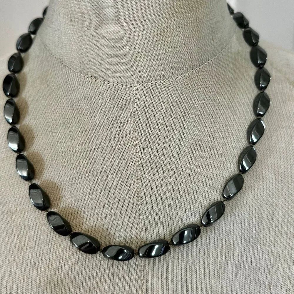 Vintage Hematite Bead Necklace with Sterling Silver Clasp
